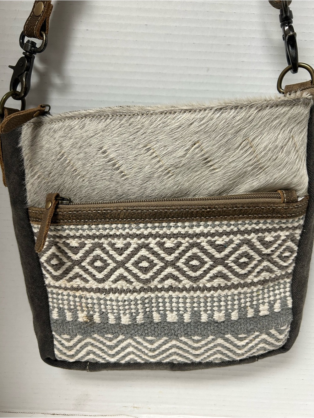 Myra Bag Western Chevron Crossbody Bag Hairon Leather & Upcycled Canvas